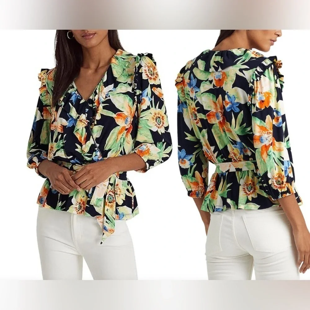 Lauren Ralph Lauren Floral Jersey Belted Peplum Top Women M Ruffles Tropical - Picture 3 of 15